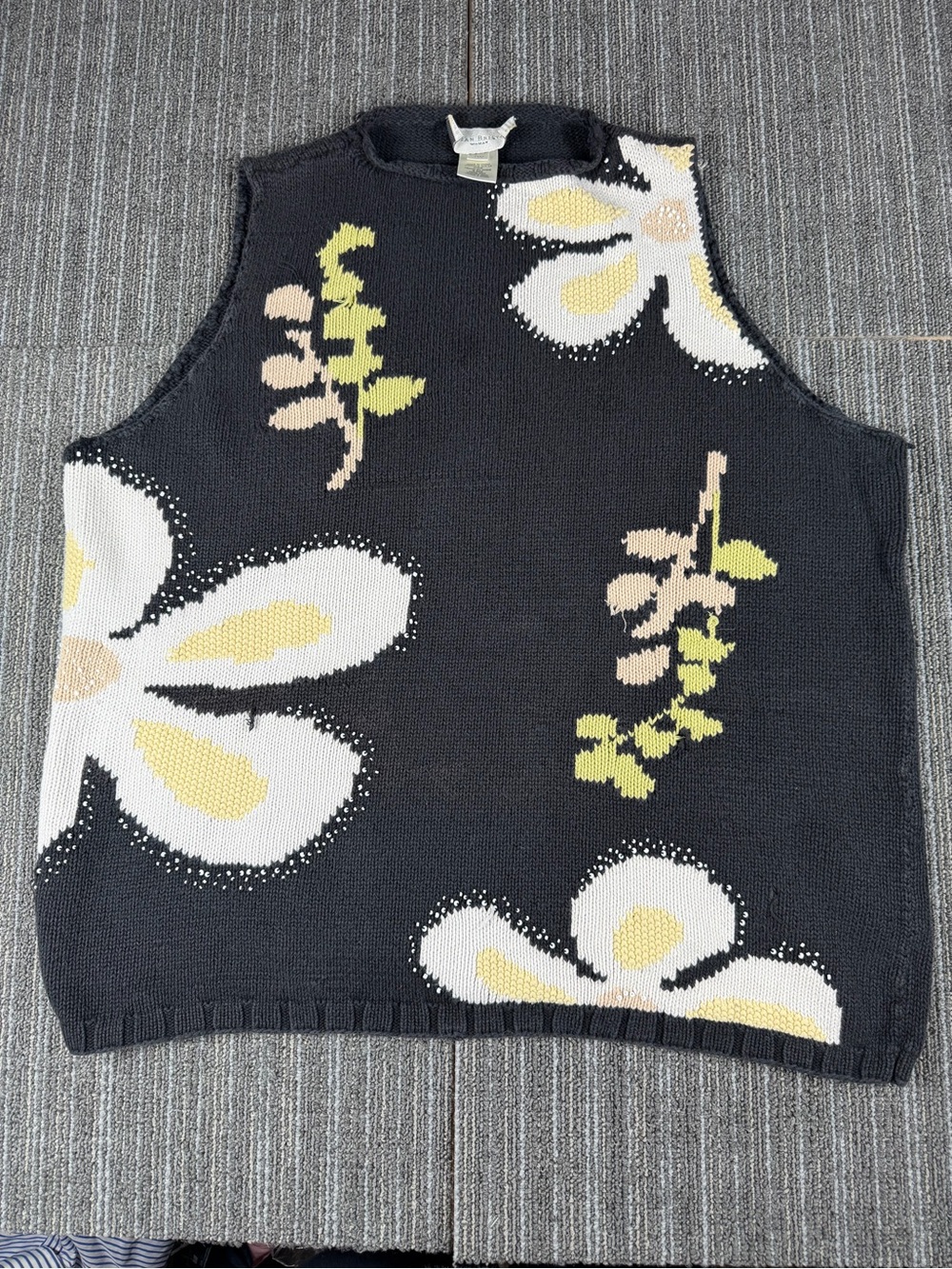 Susan Bristol Black Knit Tank with Cream & Yellow Floral Intarsia
